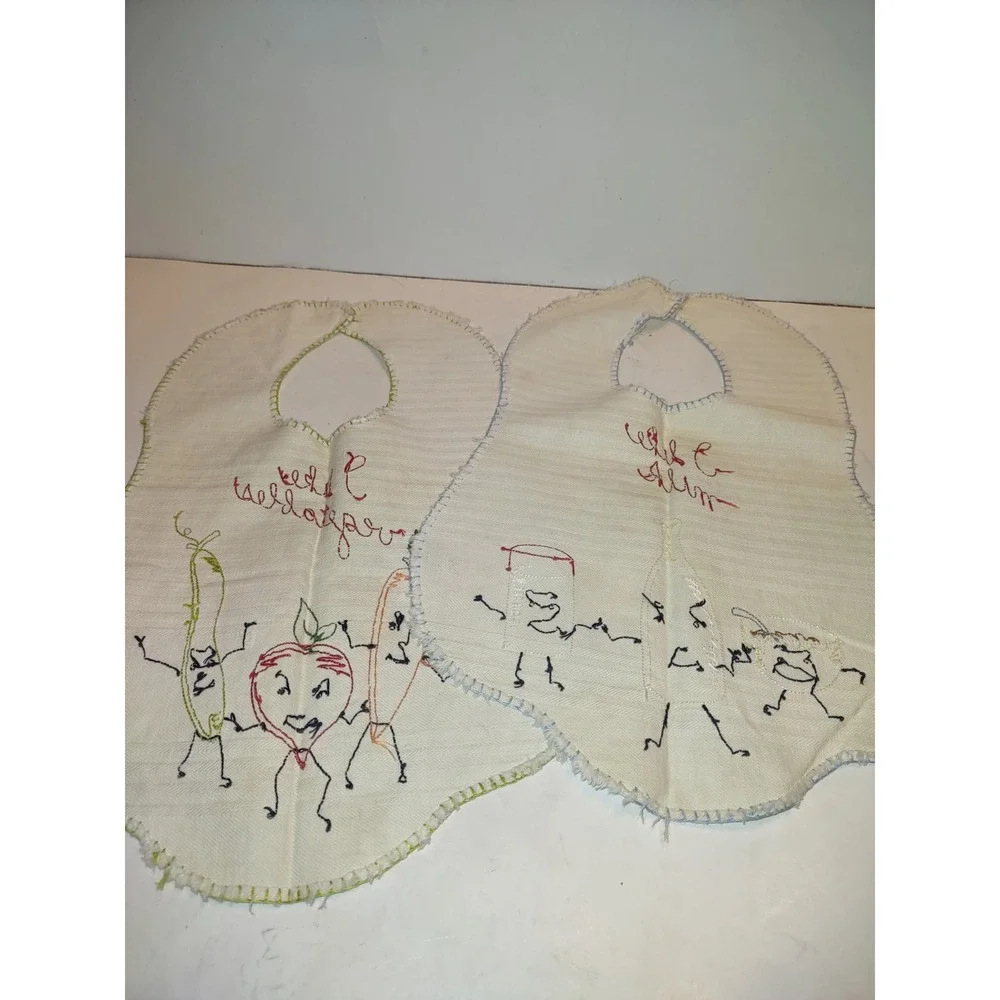 2 Vintage Embroidered Baby Bibs